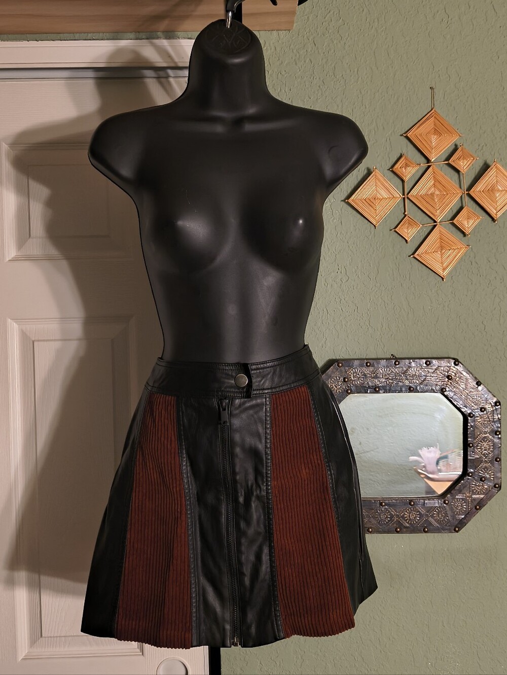 Bershka Black Faux Leather Rust Corduroy Panel Zip Front Mini Skirt M